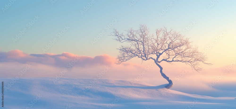 Fototapeta premium Solitary tree in winter landscape, snow-covered hill, pastel sky, serene atmosphere, soft light, tranquil scene, nature's beauty, copy space for text