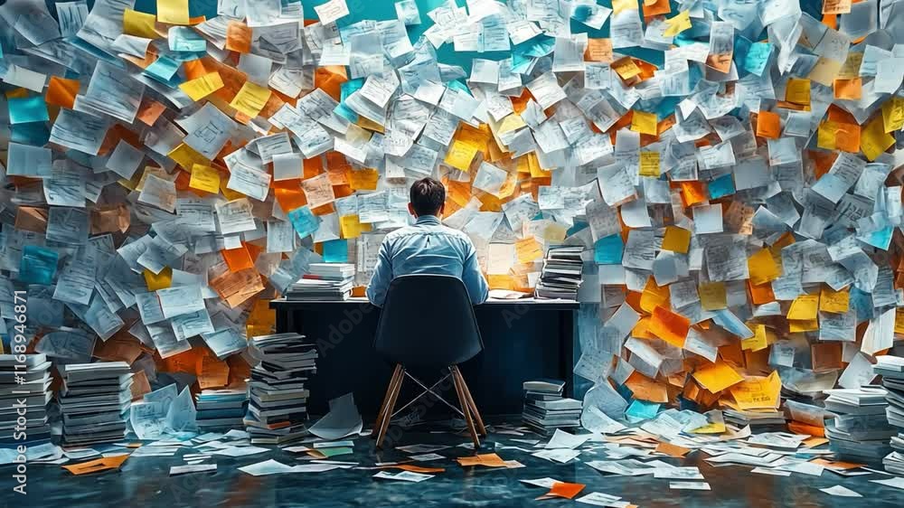 A man sits at a desk with a pile of papers surrounding him