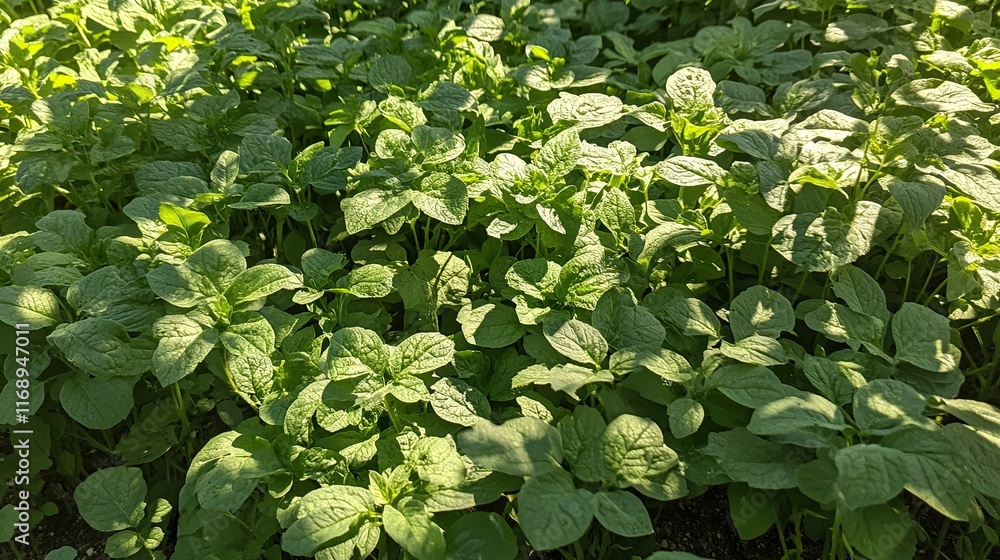 Lush green potato plants growing in a field, sunlight dappling leaves; agricultural background for farming or gardening. Lush green potato plants growing in a field, sunlight dappling leaves; agricultural background for farming or gardening.