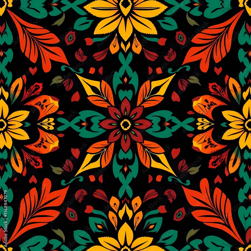 Vibrant Floral Pattern: A captivating seamless pattern bursts with color and intricate detail, featuring bold, stylized floral motifs in a rich palette of red, orange, yellow, green. Vibrant Floral Pattern: A captivating seamless pattern bursts with color and intricate detail, featuring bold, stylized floral motifs in a rich palette of red, orange, yellow, green.