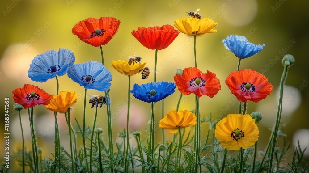 Fototapeta premium Vibrant flowers with bees in a sunny garden setting
