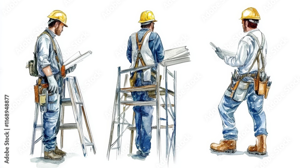 Fototapeta premium Construction workers in safety gear collaborating on a building project three