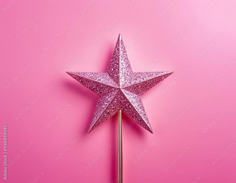 Obraz premium A sparkling wizard wand in the shape of a star on a pink background
