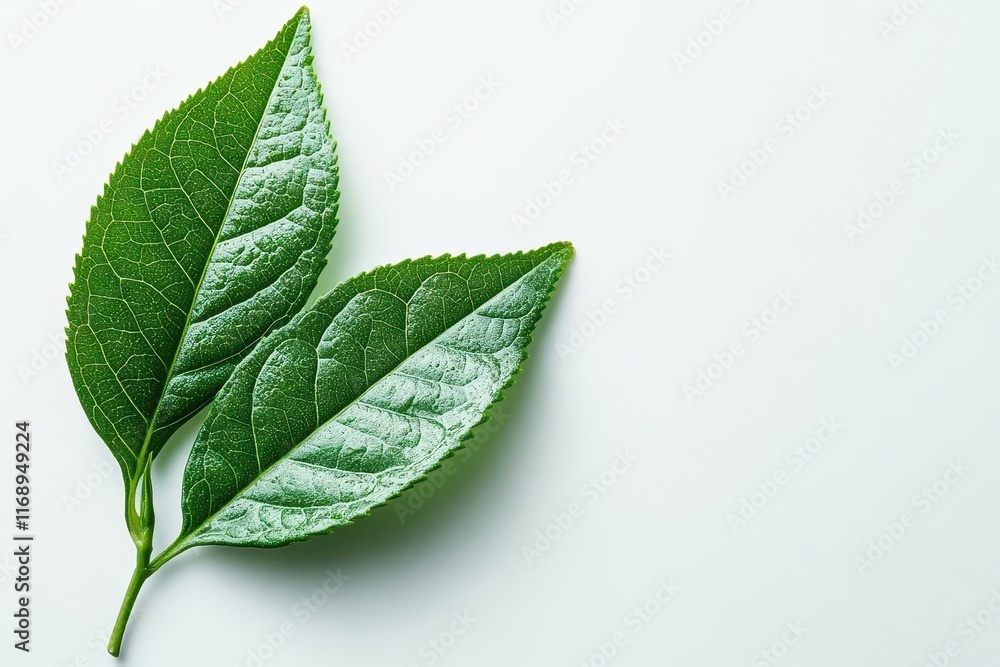 birdseye view of a fresh green tea leaf lying on a pristine white background showcasing its vibrant color and delicate structure emphasizing purity and natural beauty in a minimalist style birdseye view of a fresh green tea leaf lying on a pristine white background showcasing its vibrant color and delicate structure emphasizing purity and natural beauty in a minimalist style