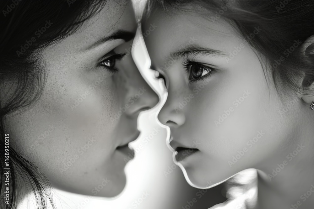 Intimate moment between mother and daughter captured in soft monochrome light Intimate moment between mother and daughter captured in soft monochrome light