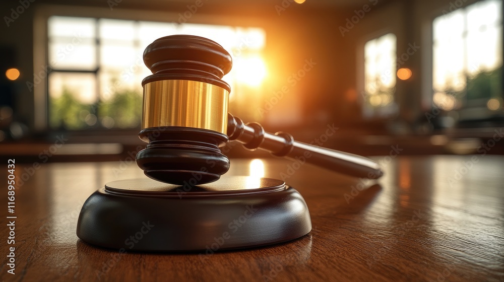 Gavel resting on a wooden table in a sunlit courtroom Gavel resting on a wooden table in a sunlit courtroom