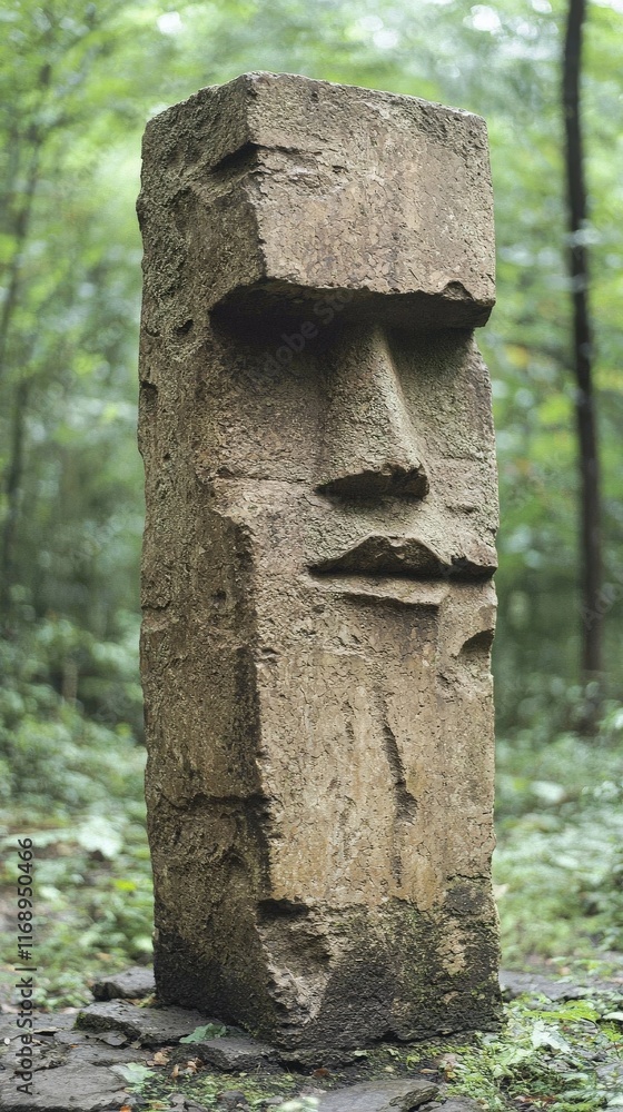 A solitary stone statue with a carved face, surrounded by lush greenery, depicting ancient artistry in a natural setting. A solitary stone statue with a carved face, surrounded by lush greenery, depicting ancient artistry in a natural setting.