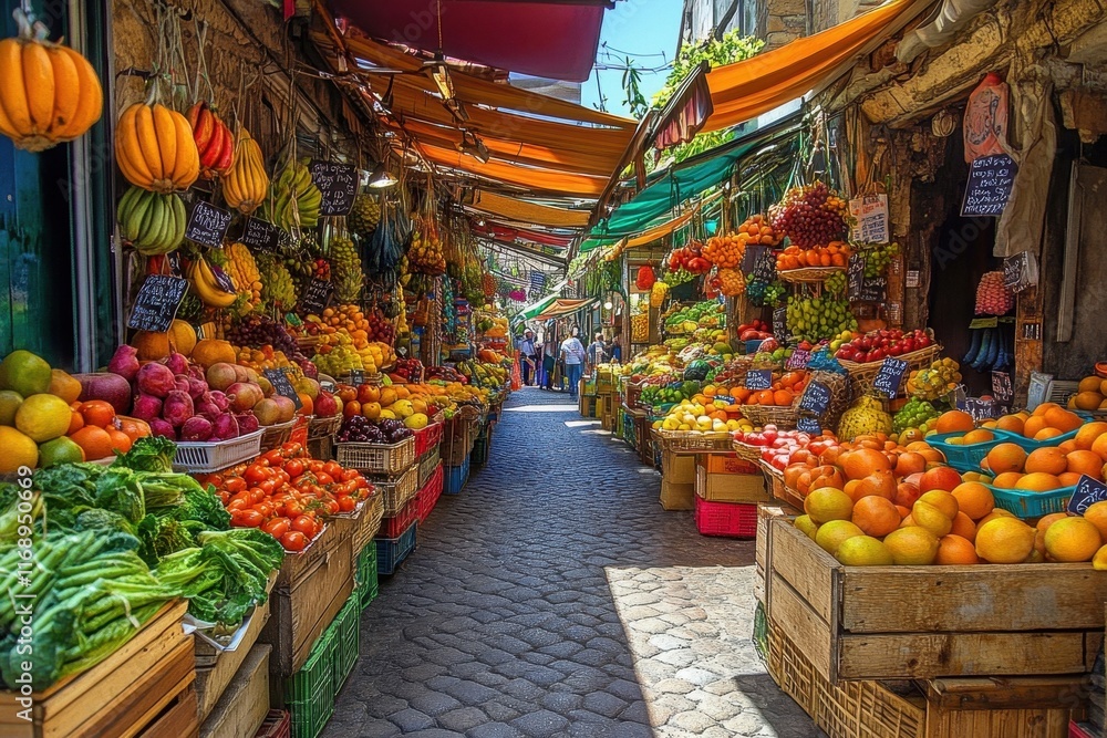 Fototapeta premium Colorful fruit and vegetable market bustling with activity in a vibrant neighborhood during a sunny day