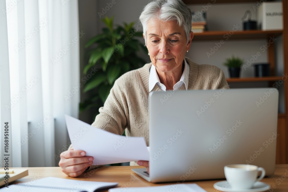 Focused Senior Woman Working on Laptop at Home Office, Ideal for Aging in Place Concepts, Remote Work, and Financial Planning Focused Senior Woman Working on Laptop at Home Office, Ideal for Aging in Place Concepts, Remote Work, and Financial Planning