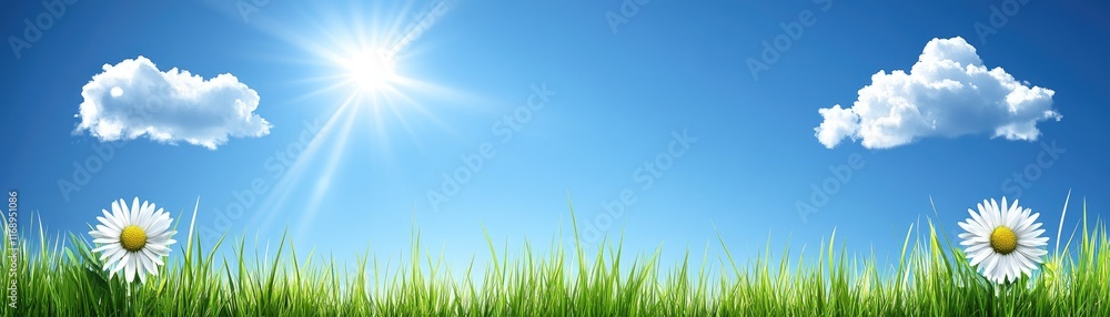 Bright sunny day with daisies in lush green grass Bright sunny day with daisies in lush green grass