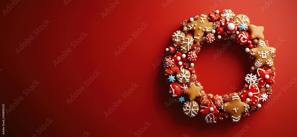 Christmas wreath decorated with gingerbread cookies, red and white ornaments, snowflakes, and candy canes on vibrant red background, copy space for text Christmas wreath decorated with gingerbread cookies, red and white ornaments, snowflakes, and candy canes on vibrant red background, copy space for text