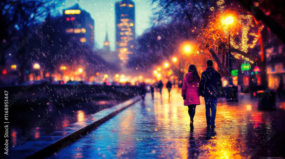 couple walks hand in hand under rain, illuminated by city lights couple walks hand in hand under rain, illuminated by city lights