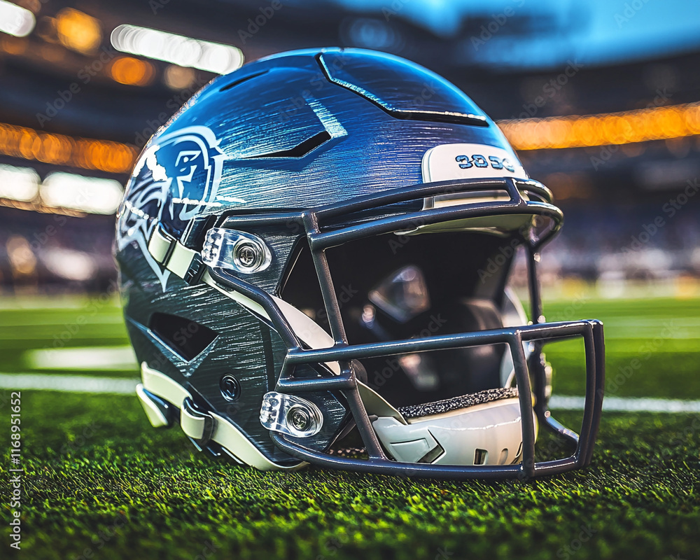 Fototapeta premium A close-up of a football helmet on turf, with a dramatic stadium background and detailed textures