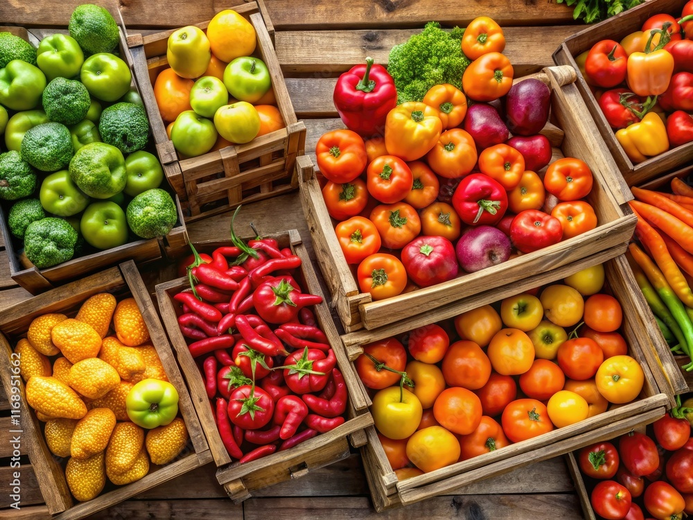 Minimalist market display: wooden crate brimming with fresh produce. Minimalist market display: wooden crate brimming with fresh produce.