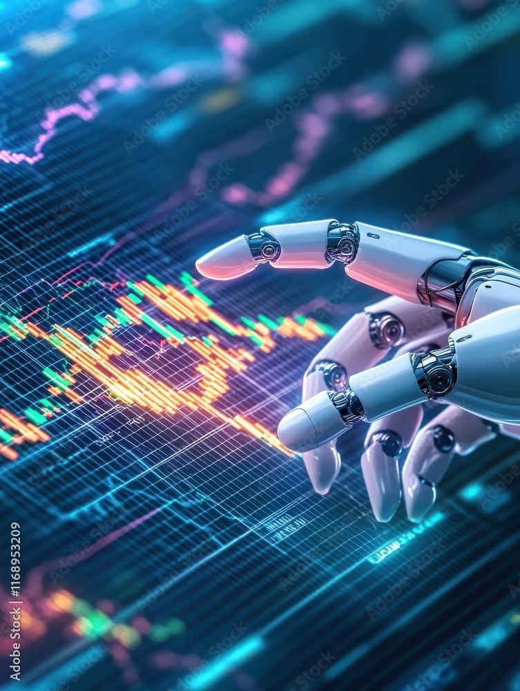 Obraz premium A robotic hand interacts with digital financial data and stock market graphs.