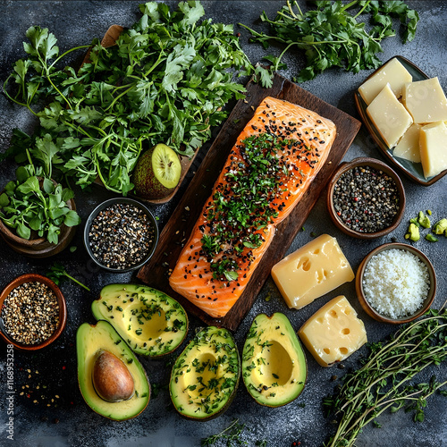 Include highquality images of the keto recipe kitchen background or stylized illustrations of key ingredients like avocado fish chicken cheese and fresh herbs This cove photo