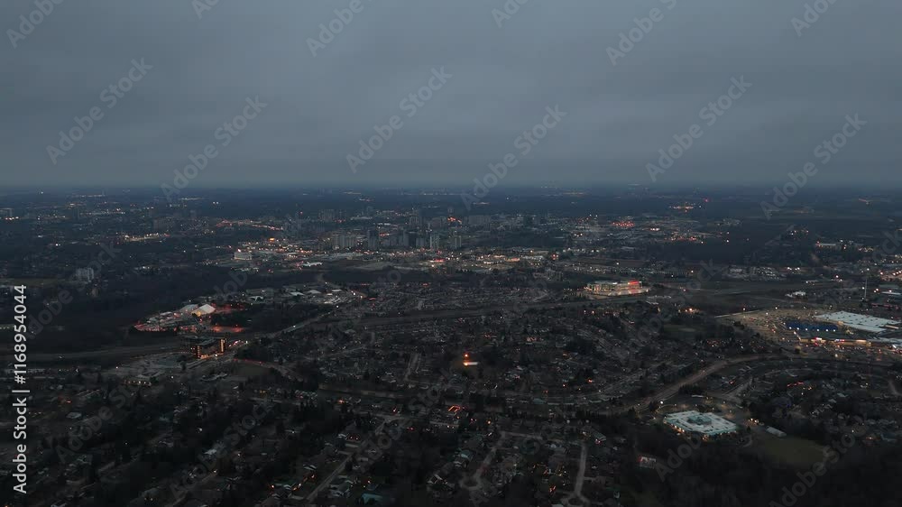 Beautiful drone view above Waterloo with a cityscape under cloudy sky in the evening Beautiful drone view above Waterloo with a cityscape under cloudy sky in the evening
