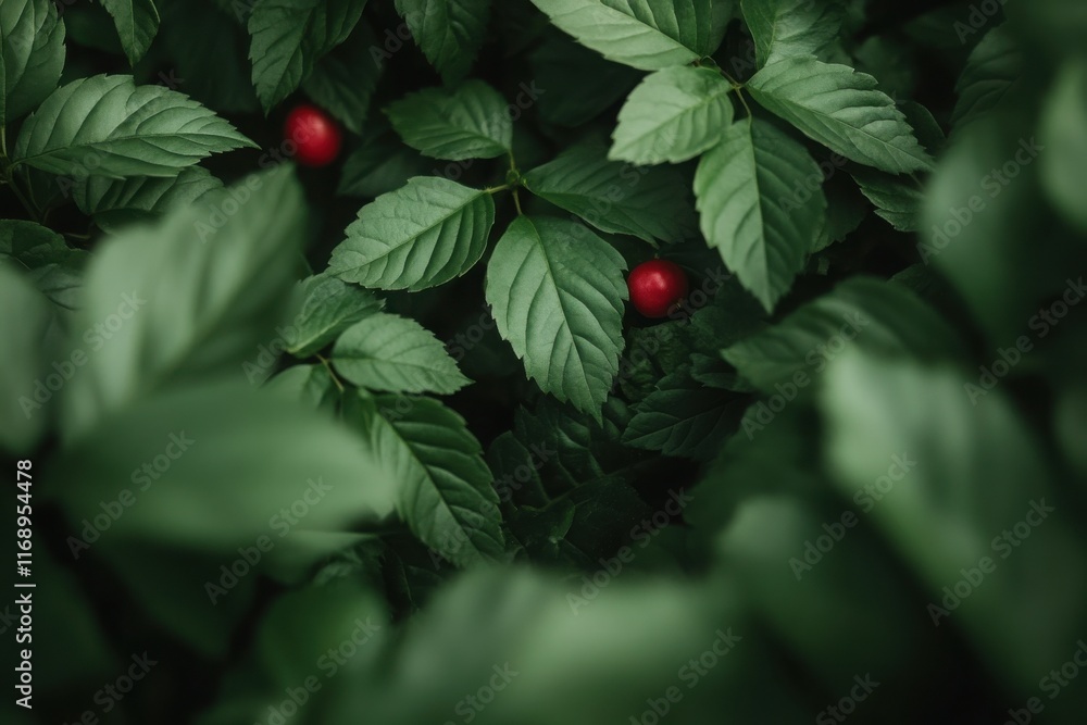 Fototapeta premium Fresh green leaves with ripe red berries hidden in a lush forest during late summer