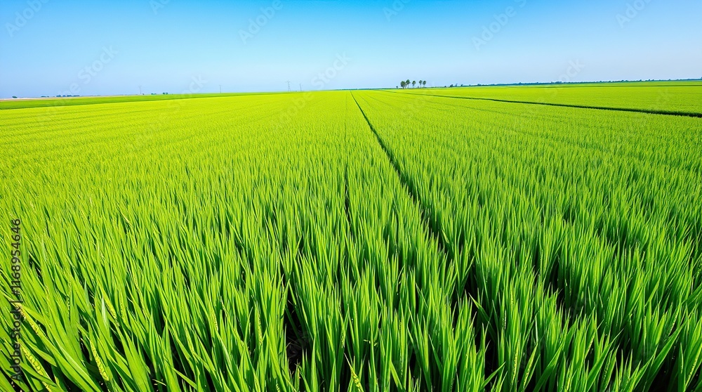 Fototapeta premium Lush Green Rice Paddy Field Under A Clear Blue Sky