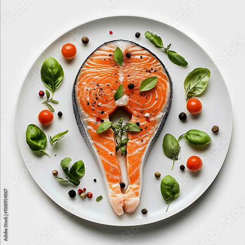 Create an image of a plate with a large fresh steak of fresh salmon on a white background the image should not have any extra elements except the plate with a large fr photo