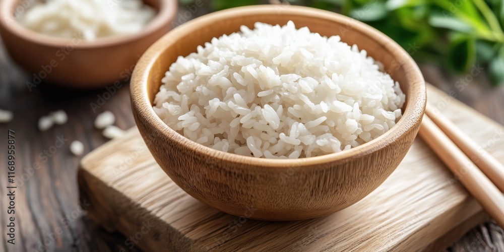Steaming bowl of white rice on a wooden table Steaming bowl of white rice on a wooden table