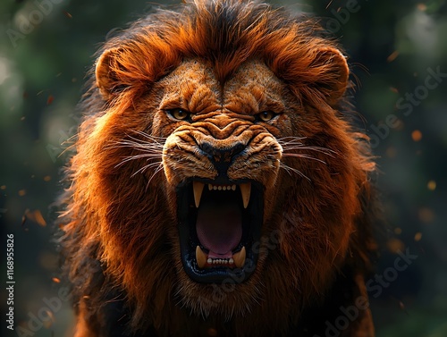 Fierce and Powerful Lion Mid Roar Captures Wild Authority photo