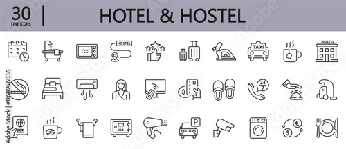 Hotel and Hostel line icons set with Travel, Room, Service, Bed, Reception, Restaurant, Parking, Shower, Rental and more. Editable Stroke