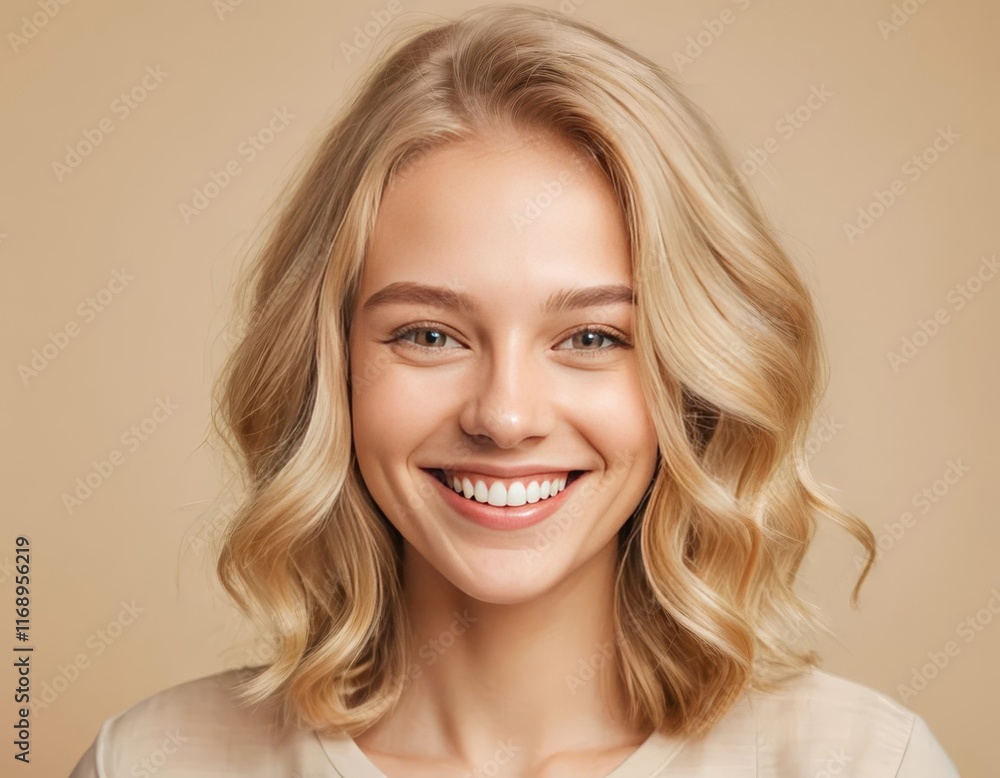 Fototapeta premium A close-up portrait of a young woman with blonde hair and a bright smile against a beige background