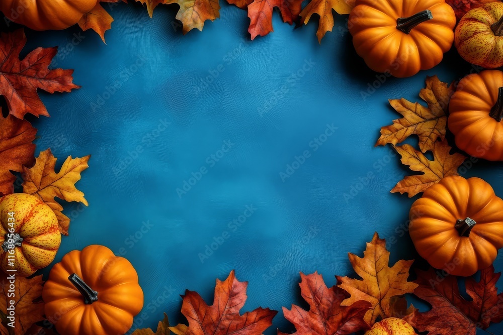 Festive blue backdrop featuring pumpkins and fall foliage for Thanksgiving. Festive blue backdrop featuring pumpkins and fall foliage for Thanksgiving.