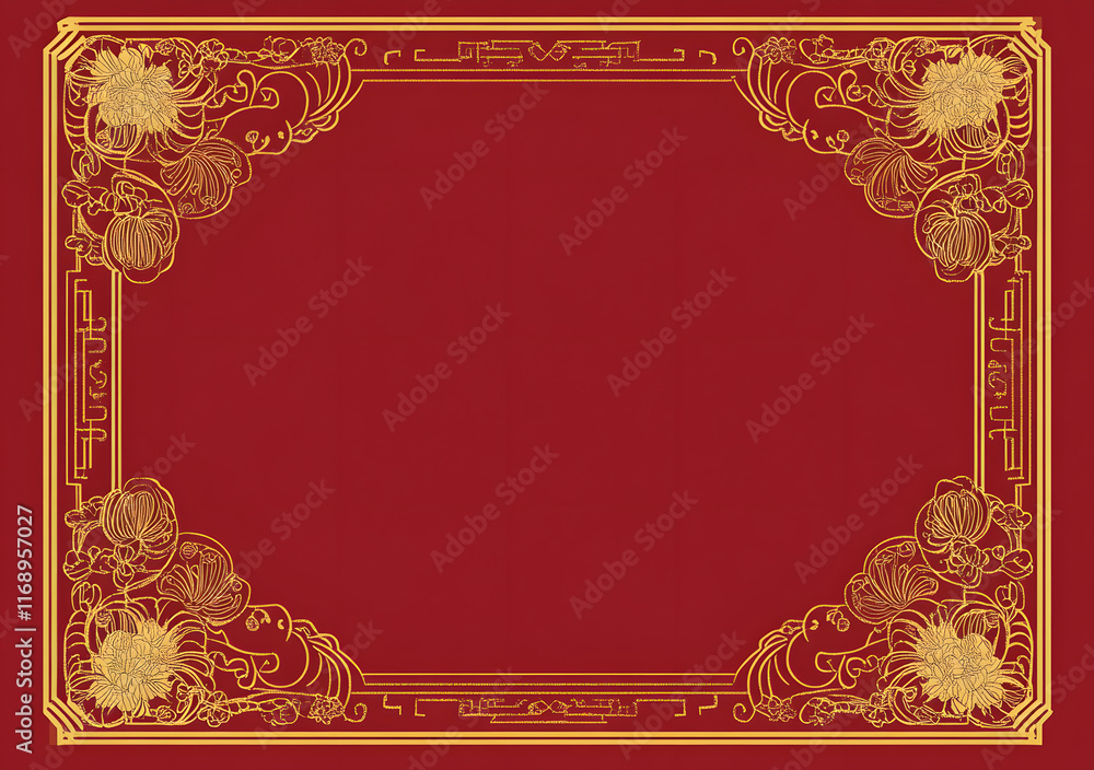 Obraz premium Chinese New Year frame background with red paper-cut lanterns, flowers, golden patterns, and clouds with copy space for text