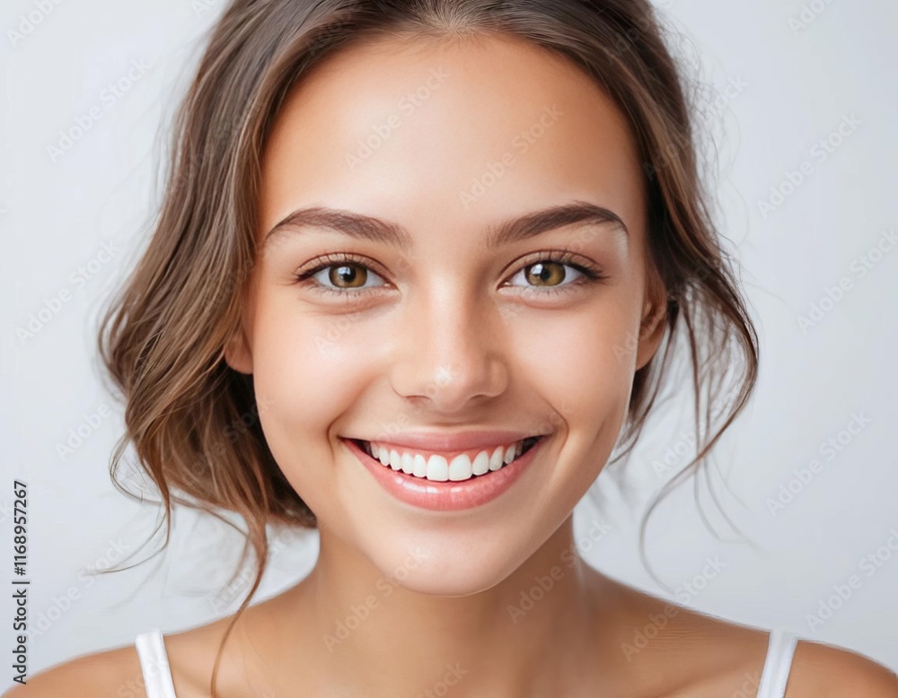 A close-up portrait of a smiling girl with flawless skin on a white background A close-up portrait of a smiling girl with flawless skin on a white background