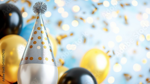 Silver party hat with golden polka dots and balloons in background, symbolizing fun, celebration, and festive moods for vibrant stock imagery themes. photo