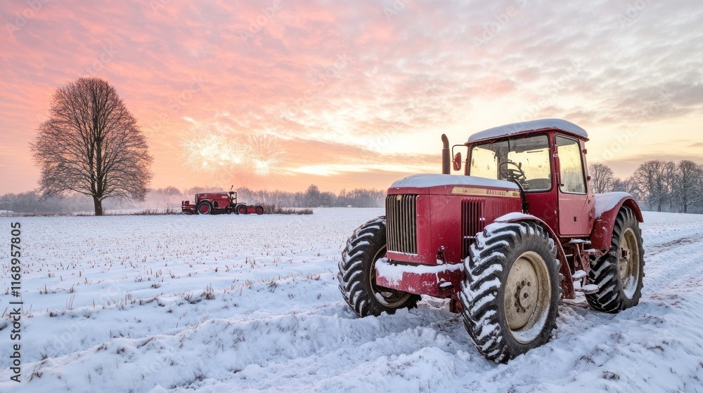 Red tractor in a snowy landscape at sunrise. Red tractor in a snowy landscape at sunrise.