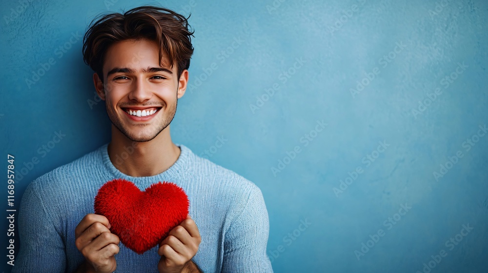A cheerful young man holding a vibrant plush red heart, perfect for Valentine's Day promotions, love-themed campaigns, or uplifting social media posts.