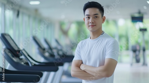 Confident young man posing in a modern gym setting