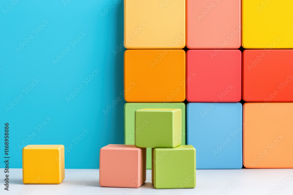 Colorful building blocks arranged in playful setting Colorful building blocks arranged in playful setting