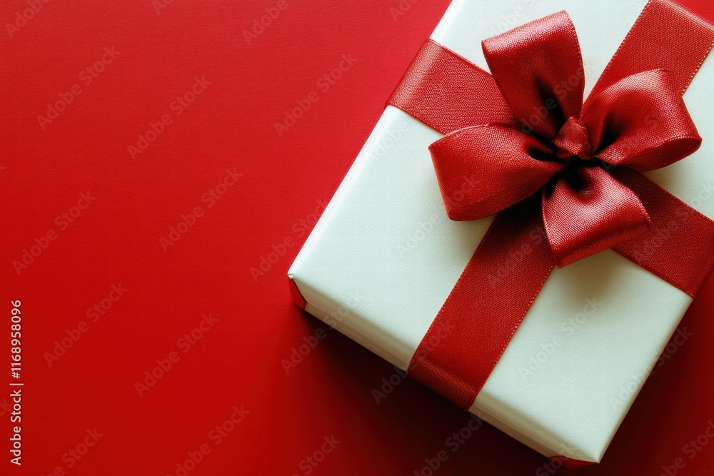 White Gift Box with Red Ribbon on Red Background White Gift Box with Red Ribbon on Red Background