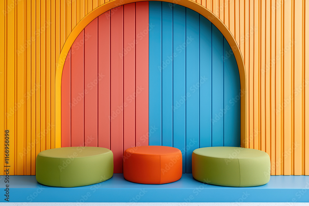 Bright and colorful seating area with circular cushions Bright and colorful seating area with circular cushions