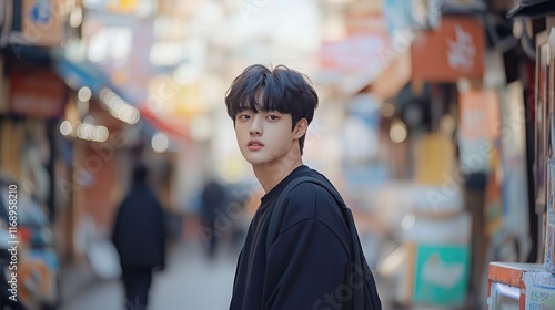 Korean man exploring a vibrant urban alleyway