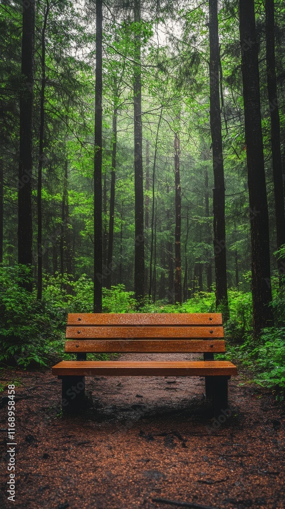 Serene wooden bench along a tranquil pathway in a lush tropical forest Serene wooden bench along a tranquil pathway in a lush tropical forest