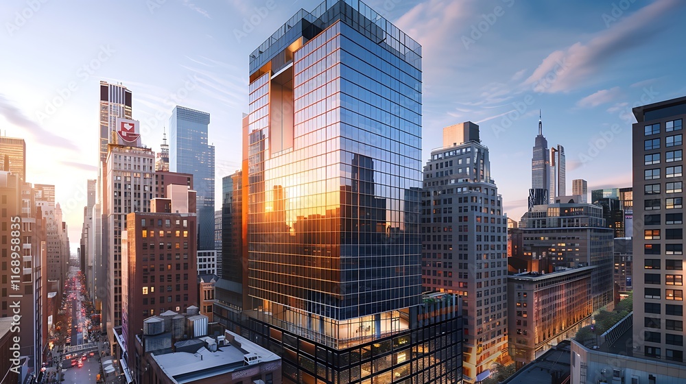 Obraz premium skyscraper in bustling business district with towering glass windows