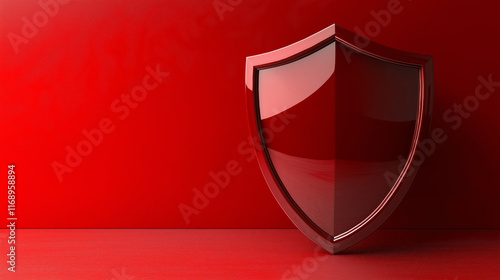 old red shield icon with reflective metallic finish on red background, symbolizing security, protection, and strength for digital and corporate designs.
