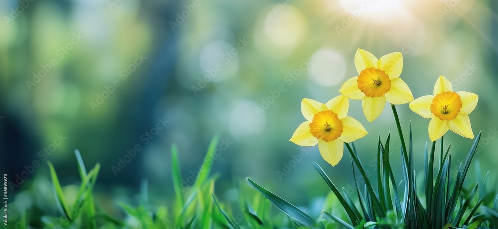 Obraz premium Vibrant yellow daffodils blooming in lush green grass under soft sunlight, creating a serene spring atmosphere, copy space for text