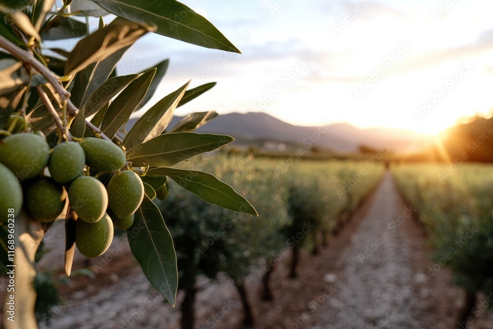 The beauty of nature is showcased in this image of an olive orchard illuminated by the warm hues of sunset, highlighting the richness of the olives and lush surroundings. The beauty of nature is showcased in this image of an olive orchard illuminated by the warm hues of sunset, highlighting the richness of the olives and lush surroundings.