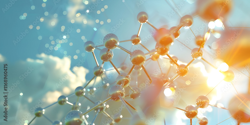 Molecular Structure with Sunlight and Clouds Background, Abstract Science Visualization of Molecules Molecular Structure with Sunlight and Clouds Background, Abstract Science Visualization of Molecules