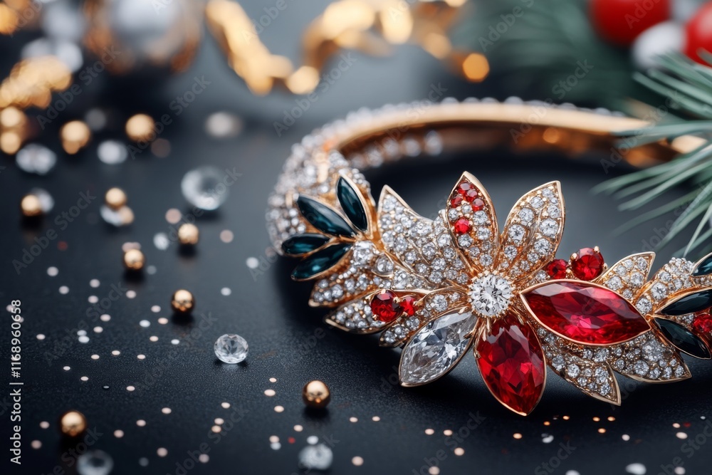 Fototapeta premium A close-up of an intricate silver bracelet adorned with tiny gemstones, displayed on a sleek black background