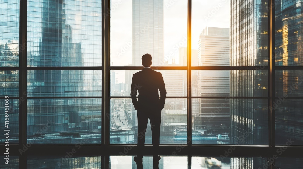 Fototapeta premium Man contemplating cityscape through window, urban reflection and architectural perspective