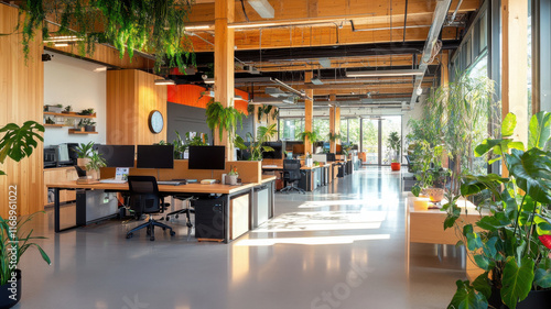 Eco friendly office space with wood paneling and abundant greenery photo