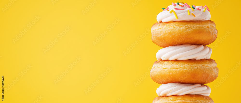 Delicious stacked donuts with frosting and sprinkles Delicious stacked donuts with frosting and sprinkles