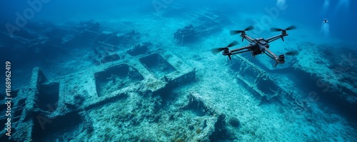 Underwater drone inspecting a sunken shipwreck.  Ocean exploration technology. photo